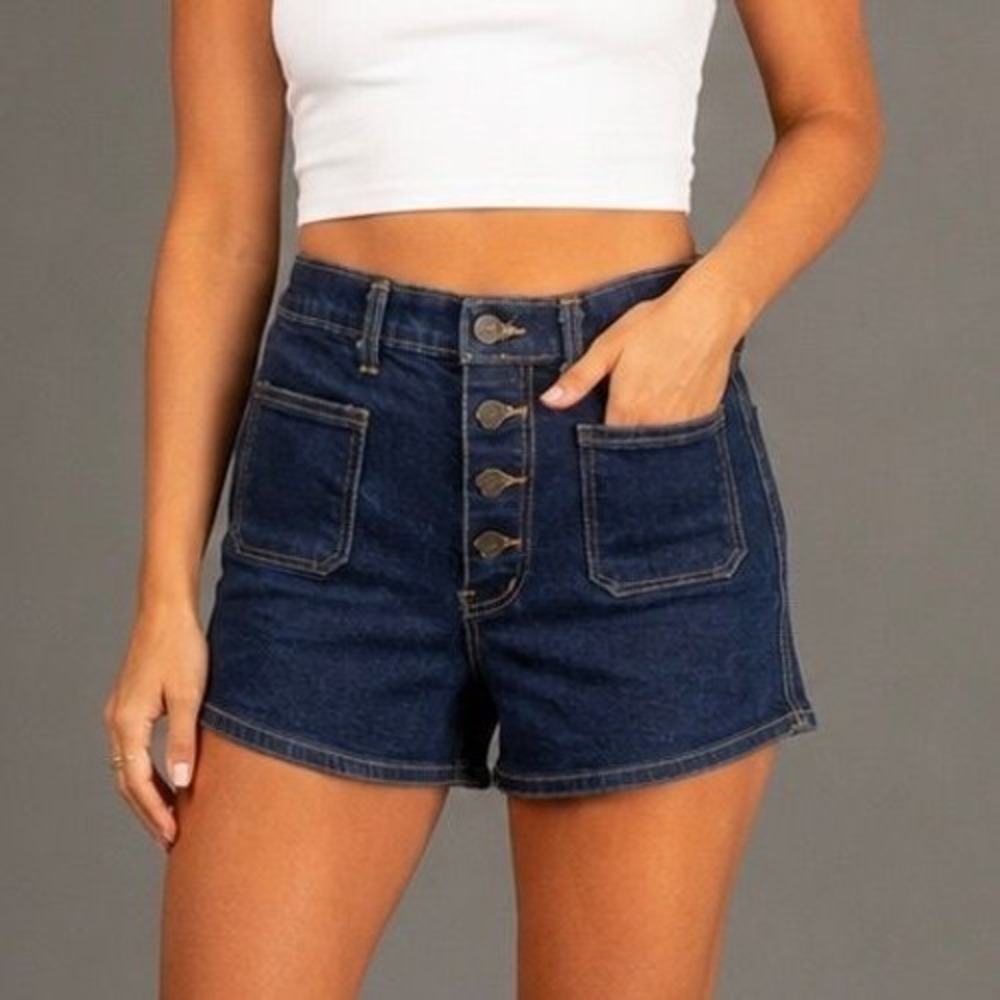 2527 Womens High Rise Button Fly Denim Shorts Indigo Blue Patch Pocket Size 25